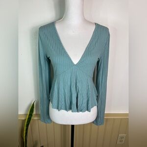 Wild Fable Teal Ribbed Babydoll Top M Long Sleeve Peplum Y2K Fairy Balletcore